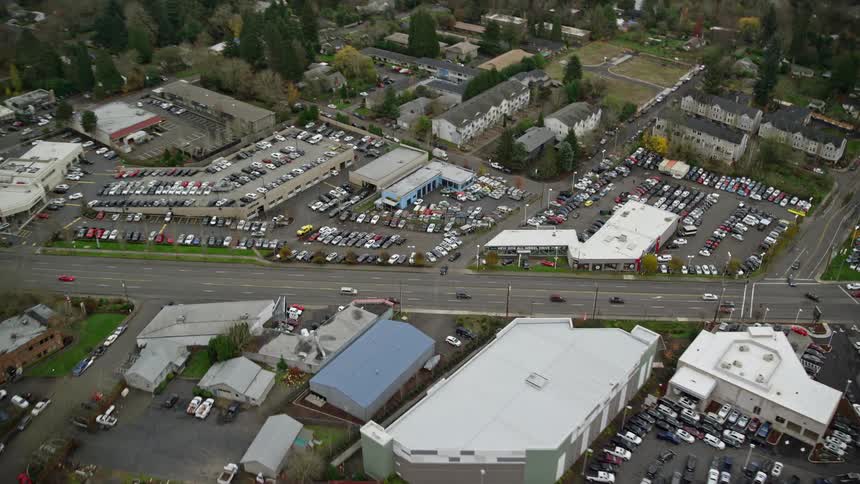 Aerial view of the commercial area on a small town