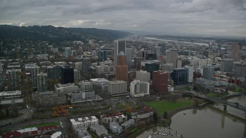 Aerial panorama of a metropolis with a central lake and a mountain range on the horizon