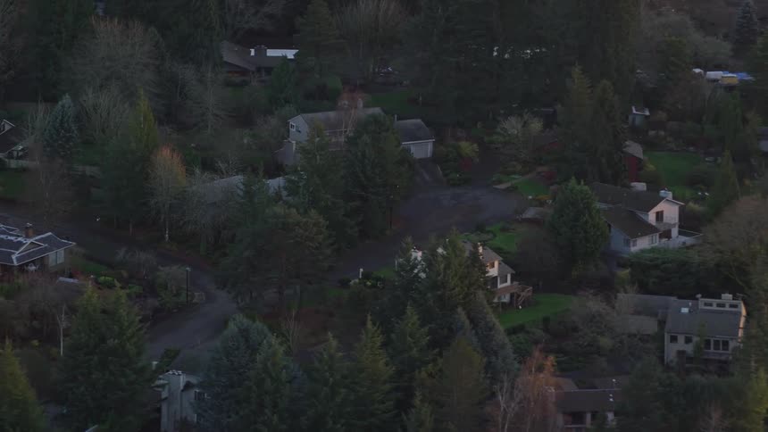 Aerial panorama of residential houses in a neighborhood with natural trees