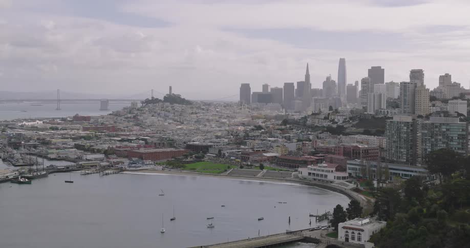 Aerial view during the day of a metropolis with skyscrapers by the seaside