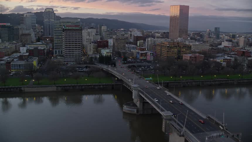 Traffic travels on the bridge in the city