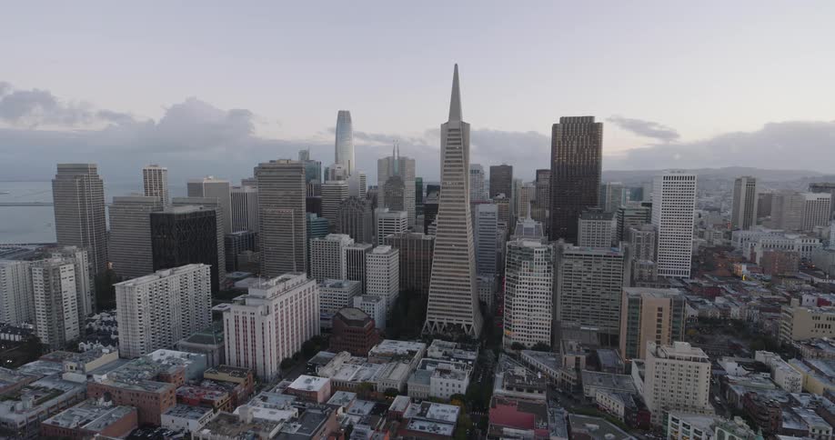 Aerial view of tall buildings in downtown area