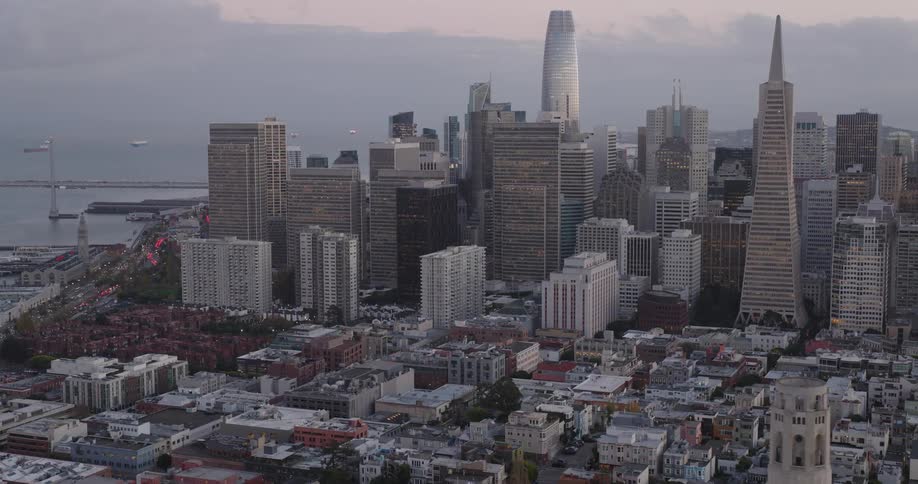 An aerial view of the city at dawn