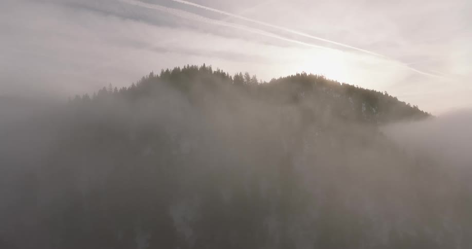 Sunlight streams over the top of a forest covered and disappears as it slopes into fog cover with a snow covered ground below