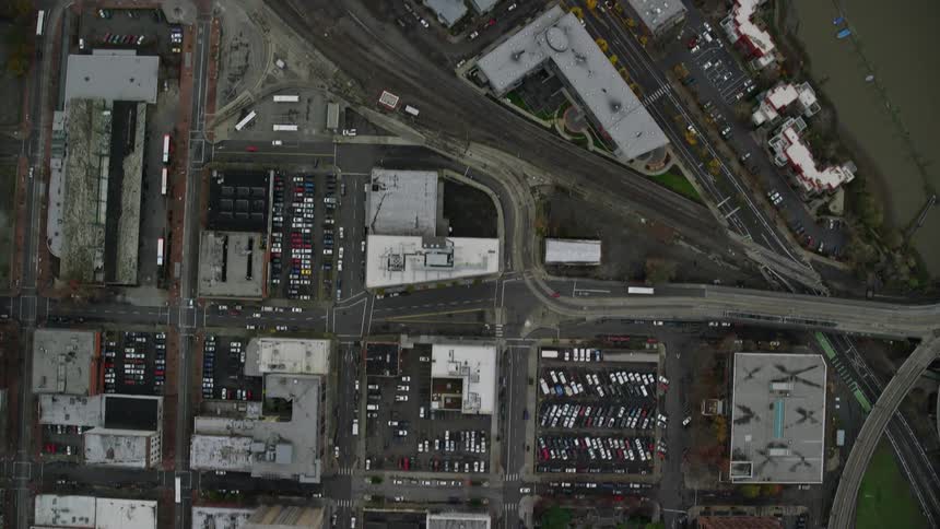 Aerial view of the streets and bridges of a city
