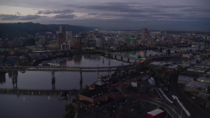 Aerial of the metropolitan city center during dusk