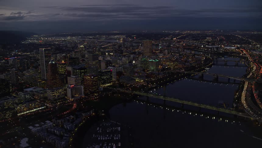The city is brightly lit at night