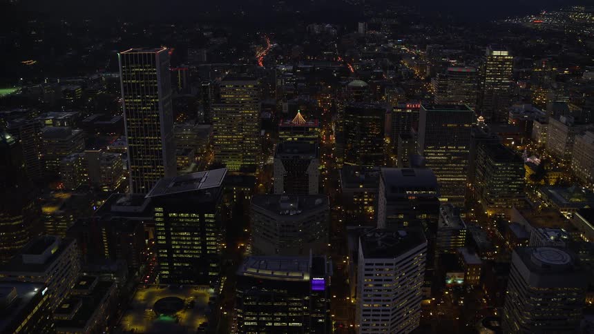 Panorama of a metropolis with nighttime skyscrapers by the sea and a purple evening sky