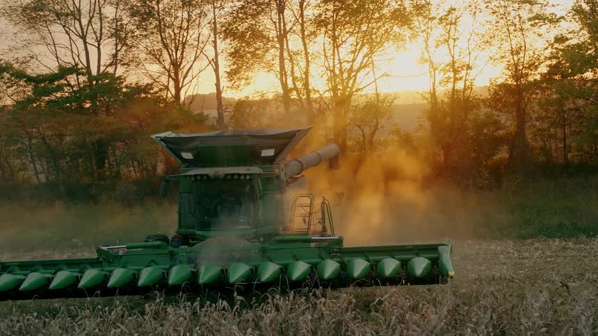 Aerial close up of a combine harvester plowing through corn in the glow of sunset