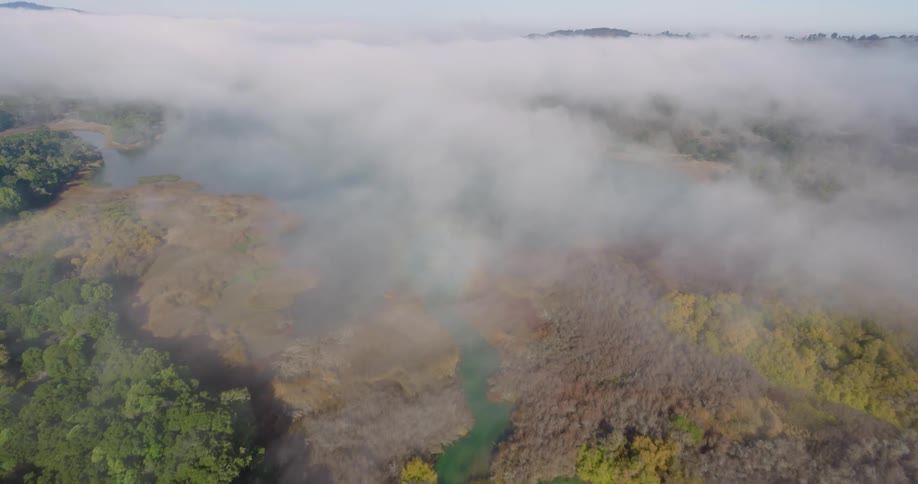 Aerial view of a winding river beneath drifting clouds