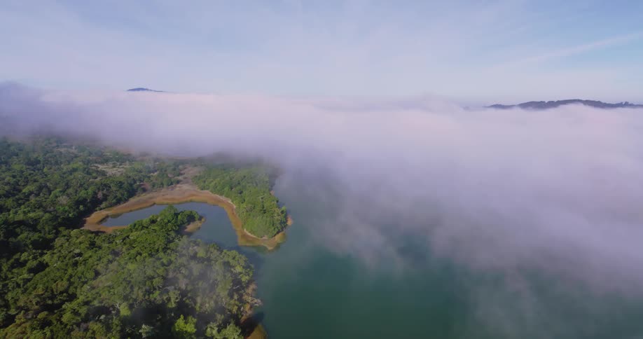 An aerial view of a landscape of a lake coast with an island full of trees and the environment is covered by an immense cloud