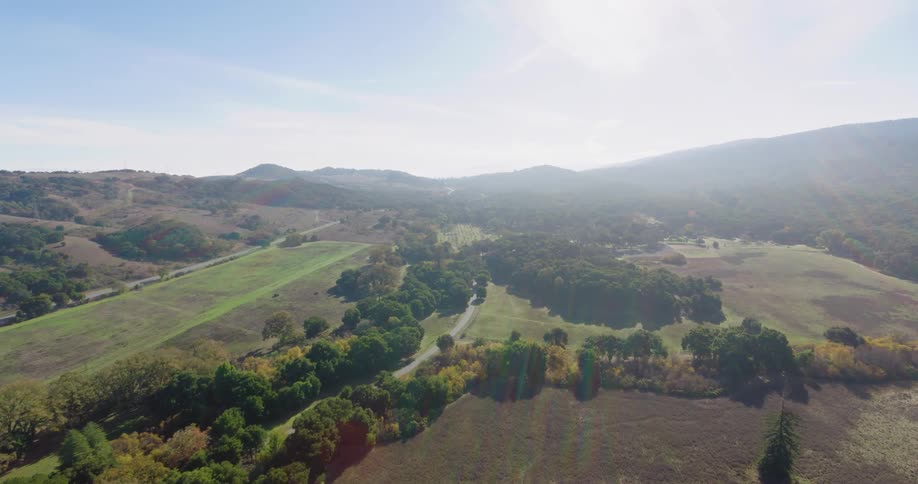 Aerial view over a field of grassland and crops