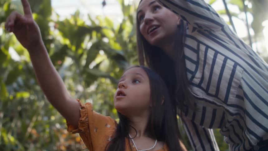 Mother and daughter pointing at plants on a large greenhouse