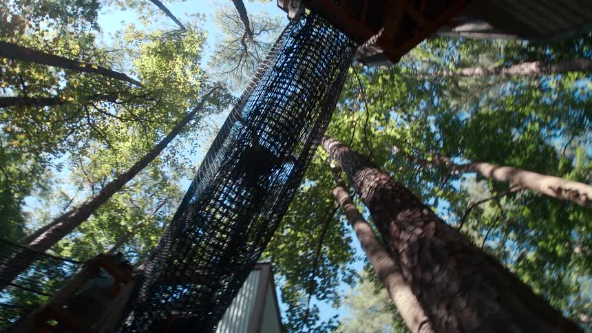 Person crossing a suspension bridge in the forest