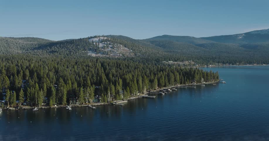 A landscape of pine forests facing the water of a bay