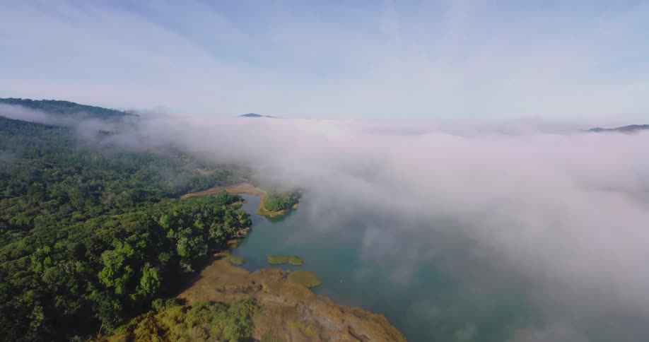 Aerial of the banks of a lake covered in fog beside a hillside with a green forest on a bright day