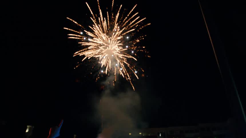 Family looking at a fireworks display at night