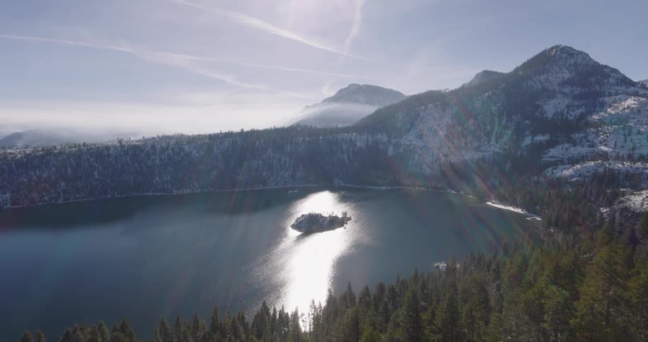 Aerial view of lake tahoe and snowy mountains