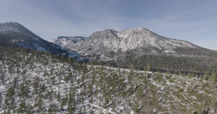 The mountain range is covered in snow