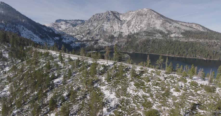 Aerial view of a lake in the mountains