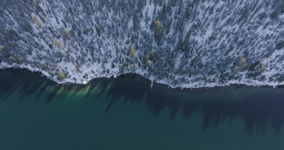 An aerial view of a snowy mountain range facing the water and with several trees
