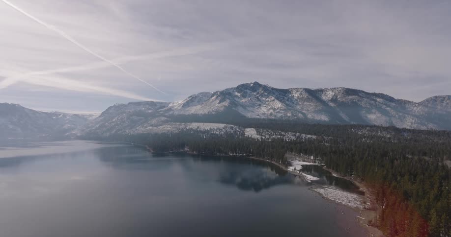 Aerial view of a lake in the mountains