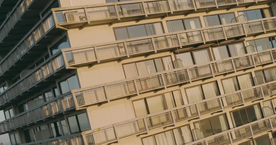 The apartment buildings are lined with terraces
