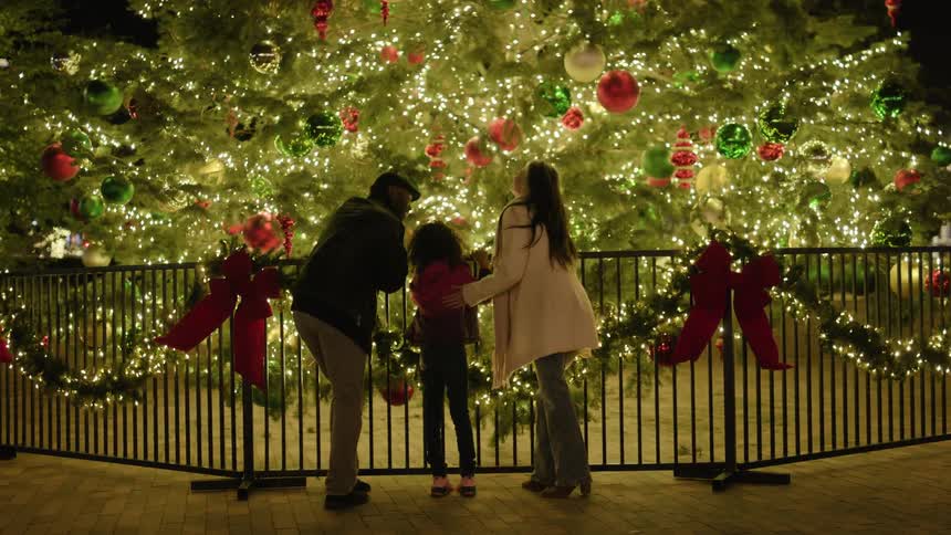 Mother giving a kiss on her daughters cheek next to her father while through the railing they observe a huge christmas tree at night decorated