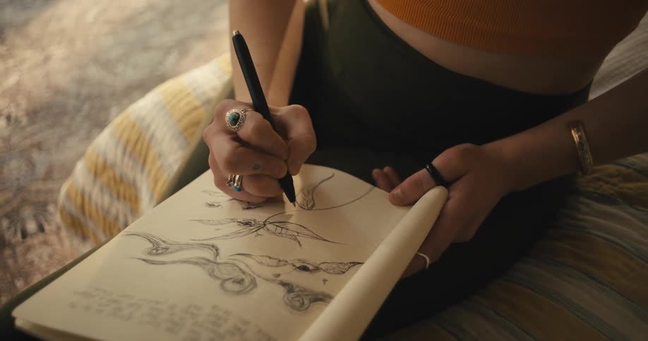 Female artist draws in ink while sitting on pillow on the floor