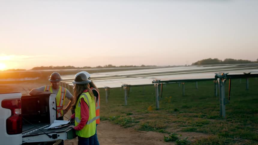 Man and woman wearing safety vests stand by truck tailgate outdoors at sunset
