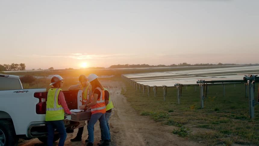Crew of workers next to a solar farm at sunset