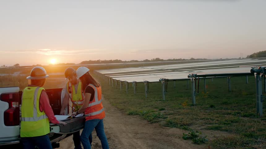 Three workers wearing hardhats scan the pages of a document on the bed of a pickup truck as they stand near a water treatment site in front of a setting or rising sun