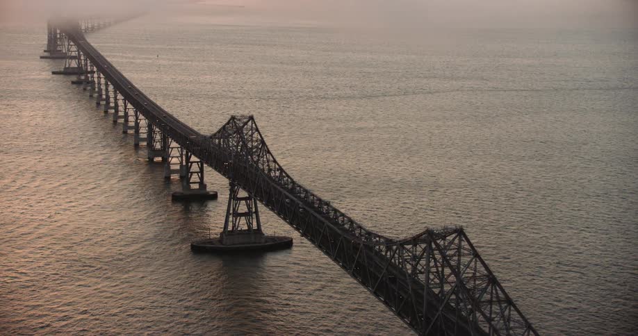 Aerial of the Richmond Bridge over the San Francisco Bay at sunset