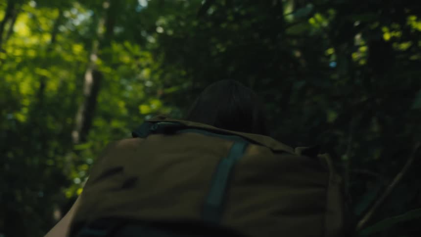 Woman wearing a brown backpack hikes in the green forest