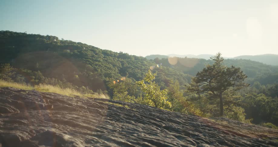 Hills covered in lush green vegetation under a bright sky with a bright glare during the day