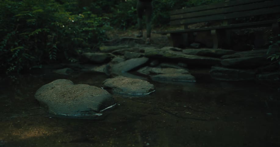 Woman crosses stream on stepping stones then continues on trail past bench