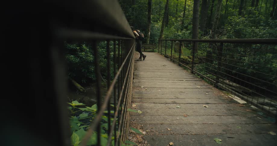 A teenage girl wearing a backpack is walking out of a forest and across a bridge and she stops to look at the stream below