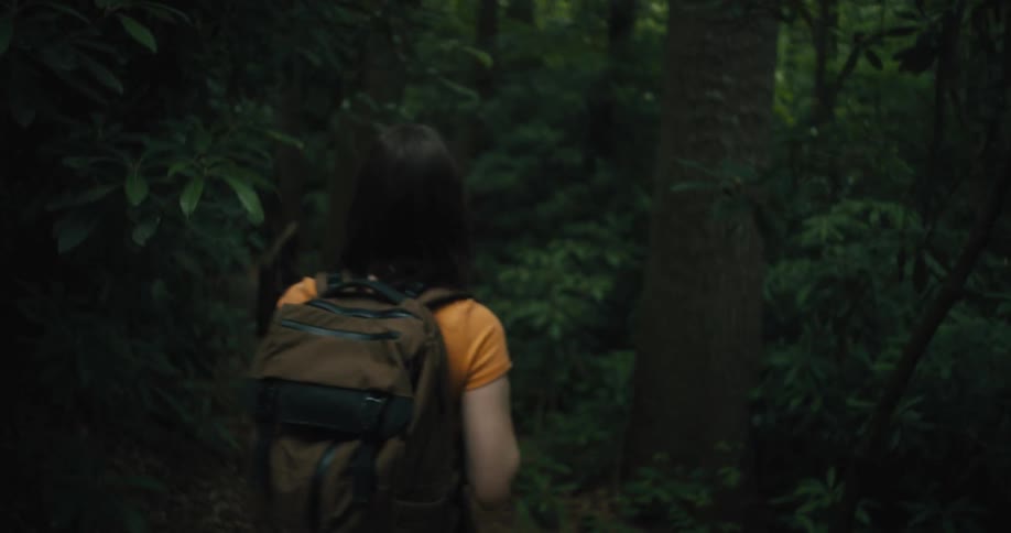 Young woman hikes through the forest