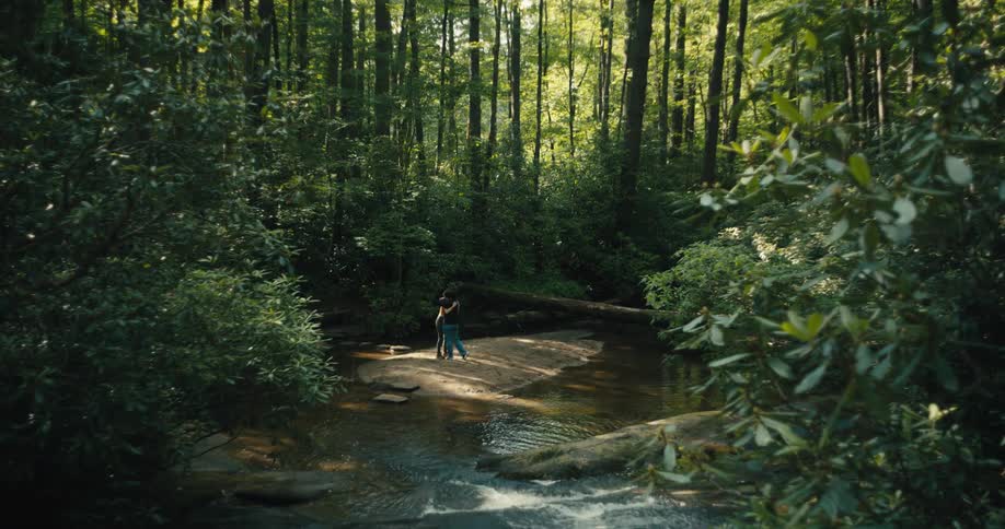 Two people hug near a river in the forest