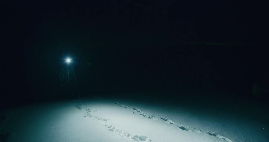 People tied together with a rope walk through snow at night