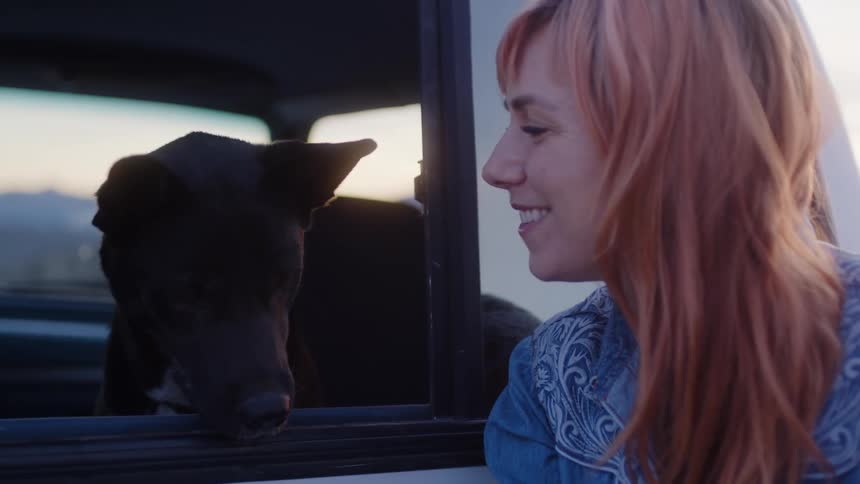 A woman smilingly looks at a dog that is in the car window and he tries to lick her