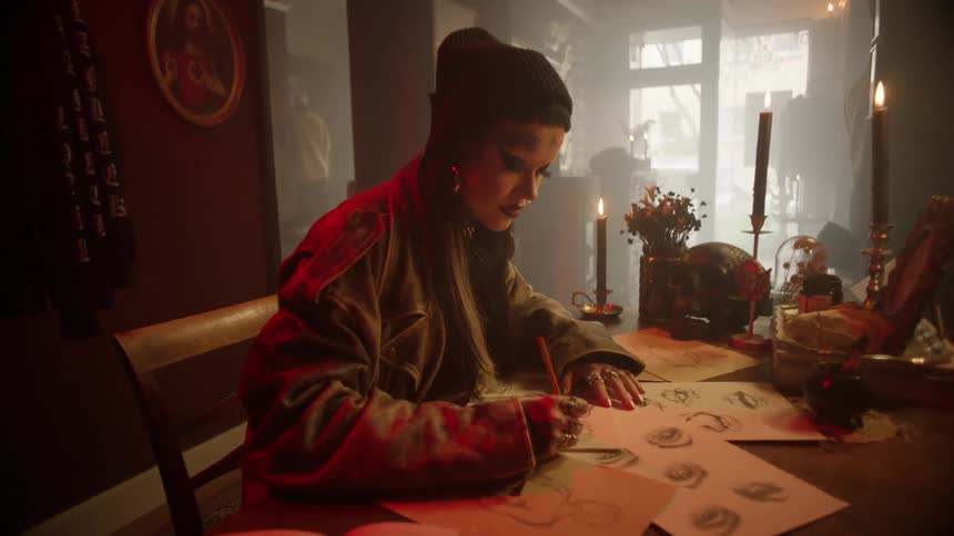 Tattooed artist drawing on paper in her studio