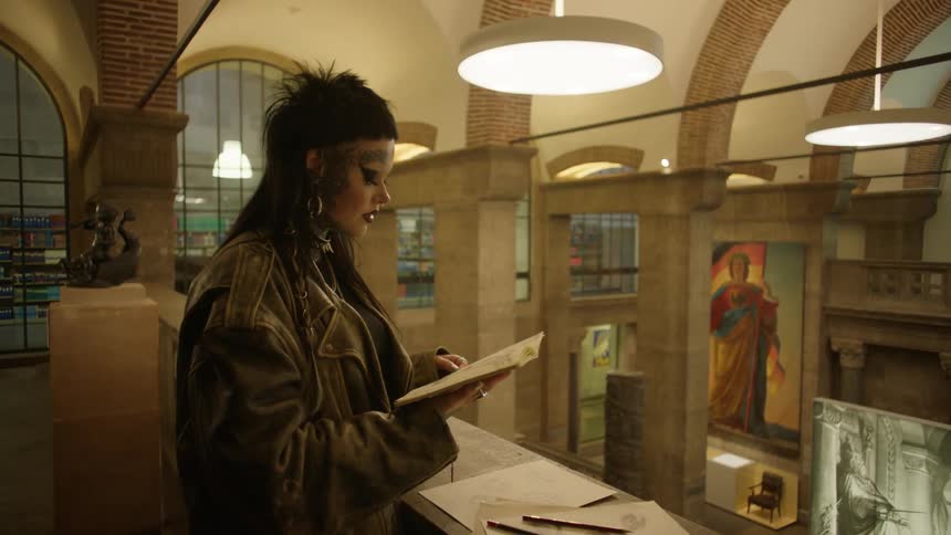 A young woman stands in a museum and looks at a sketchbook