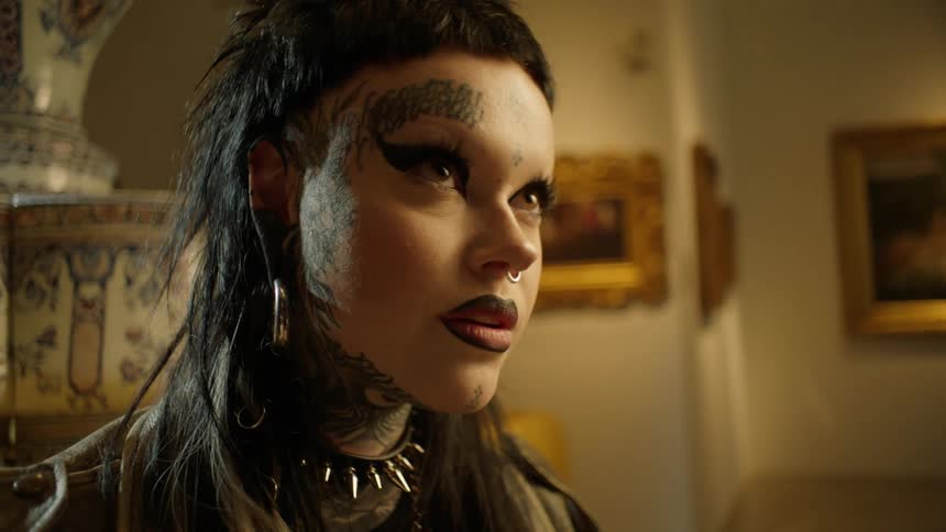 Young tattooed artist drawing on her notebook at home