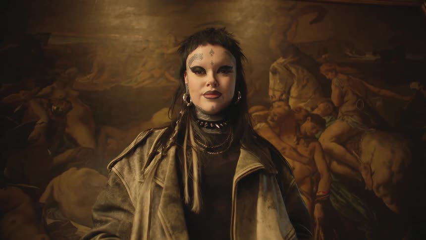 Woman modeling with a jacket and fashionable accessories her face tattooed in an interior setting with an artwork