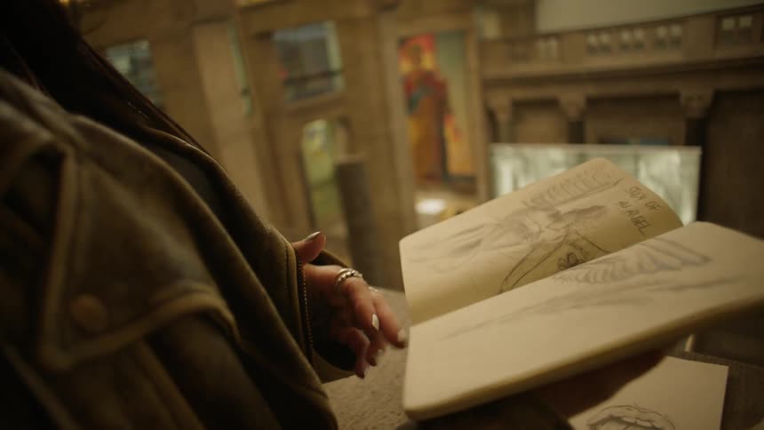 A human hand passing pages of a notebook full of hand drawings