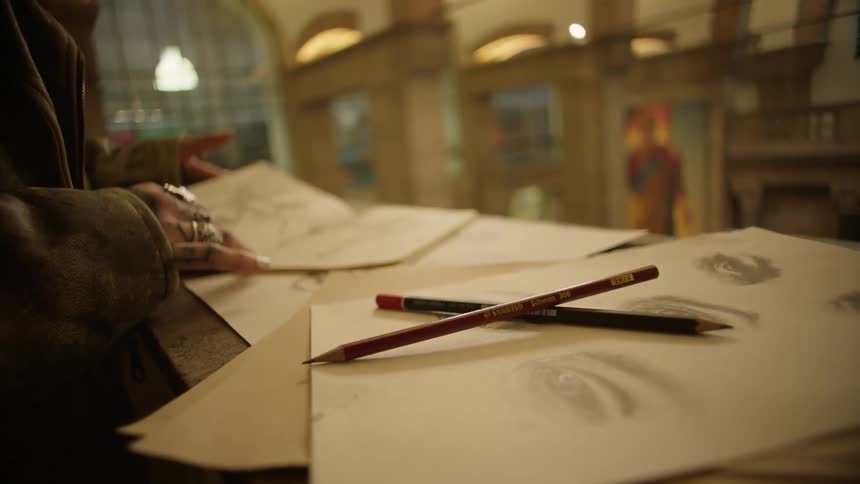 Illustrator flips the pages of her notebook
