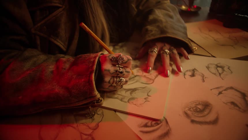 Artist with tattooed hands drawing on paper