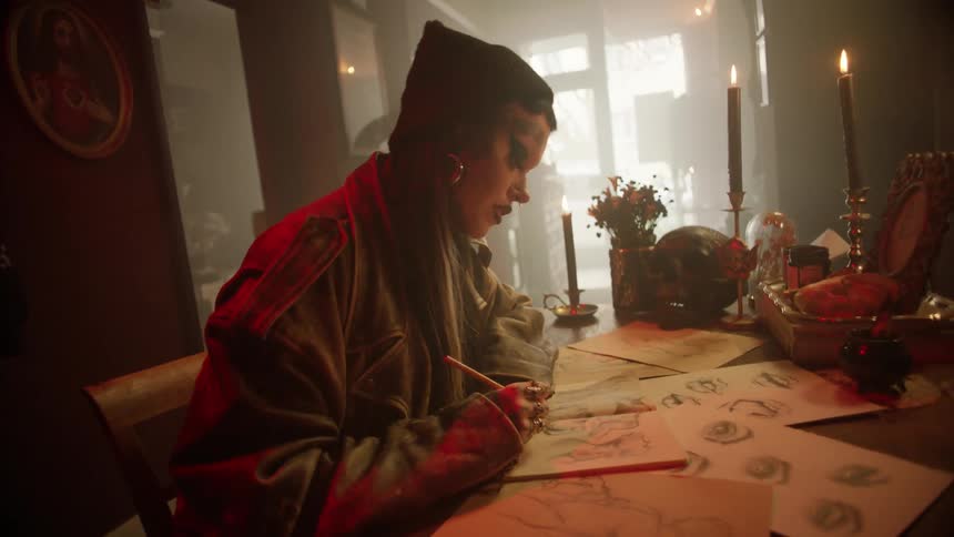A woman is sketching on paper