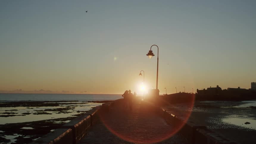 Couple walking near the coast at sunset